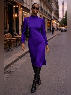 Vintage Jack Mulqueen 100% Silk Purple Midi Dress  Size 6